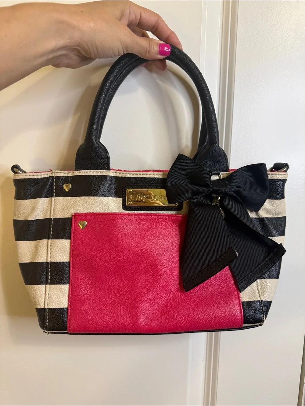 Betsey Johnson Black & White Striped Satchel with Pink Pocket and Black Bow